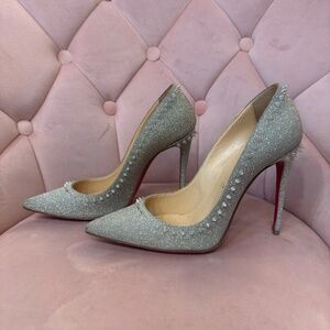 Christian Louboutin Red Bottoms Glitter Silver Anjalina 100 Sunset Studded Point